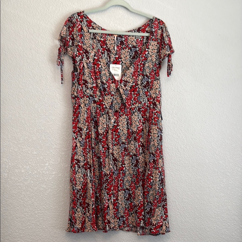 Free People Red and Black Ruched Tie Front Mini Dress